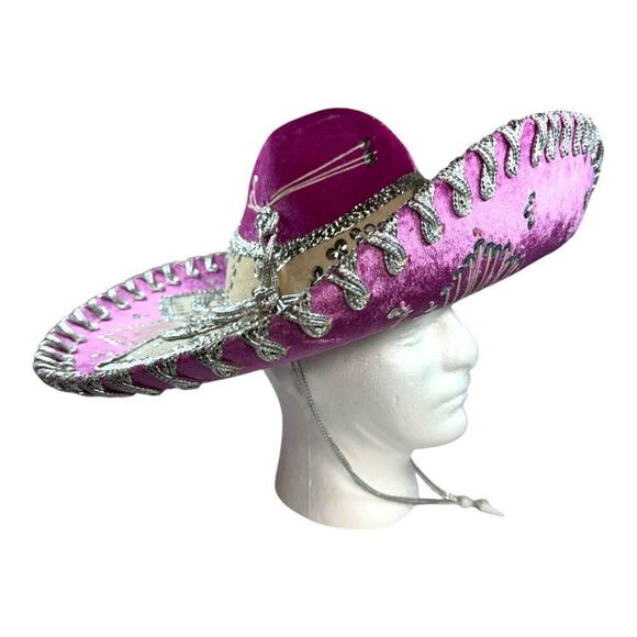 Pink Elaborate Genuine Mexico & Silver Mexican Sombrero Hat 6 3/4 Yepez Velvet - Picture 8 of 12